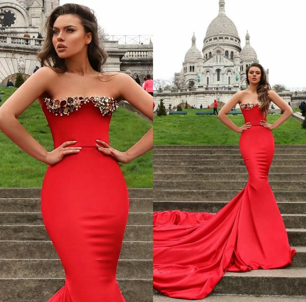 red mermaid evening dresses crystal beading strapless satin prom dress backless sweep train party wear robes de soirée, Black;red
red mermaid evening dresses crystal beading strapless satin prom dress backless sweep train party wear robes de soirée, Black;red
