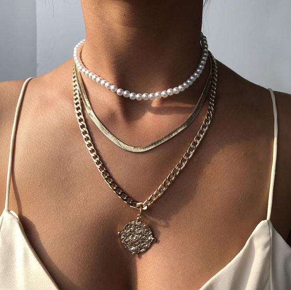 vintage baroque pearl beads neckalce for women bohemia thicken chain coin choker neckalce punk snake collar jewelry charm, Silver 
vintage baroque pearl beads neckalce for women bohemia thicken chain coin choker neckalce punk snake collar jewelry charm, Silver