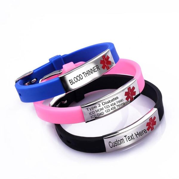 custom engraved silicone adjustable sport id bracelets alert bracelet for kids and wristband jewelry, Black