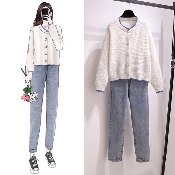 2020 autumn sweet knitted sweater cardigan high waist slim denim jeans pant casual cute two piece sets, Gray
2020 autumn sweet knitted sweater cardigan high waist slim denim jeans pant casual cute two piece sets, Gray