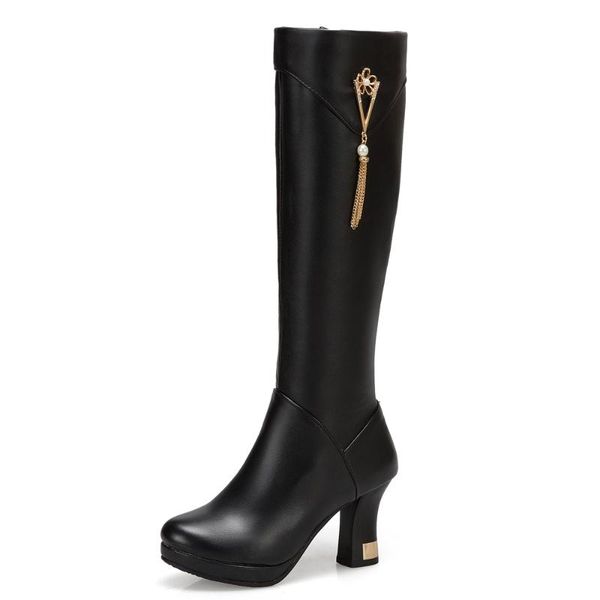women's boots with metal fringe and pearl decoration metal floral side zipper square heel pu knee-length boots short fleece shoe, Black
women's boots with metal fringe and pearl decoration metal floral side zipper square heel pu knee-length boots short fleece shoe, Black