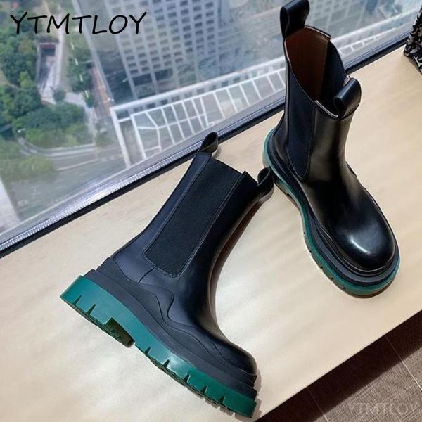 2020 genuine leather women boots platform boots women chunky heel winter shoes mid-calf, Black