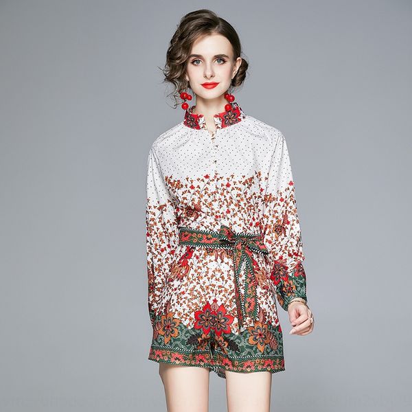 2020 рано национальные шорты рубашки осень женской моды костюм этнического стиль стенд воротник плечо рукав цветочной рубашка + шорты прямых, Gray