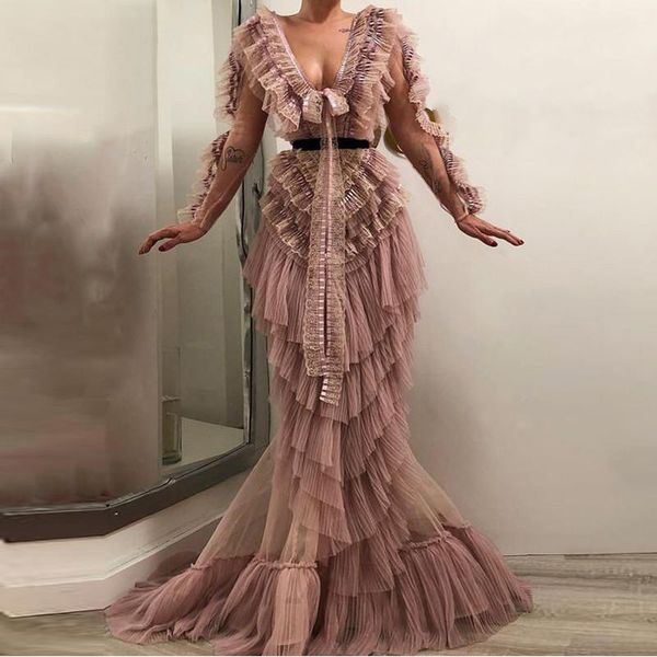 saudi arabic mermaid evening dress deep v neck long sleeve tiered ruffles prom gowns abendkleider formal dress robe de soiree, Black
saudi arabic mermaid evening dress deep v neck long sleeve tiered ruffles prom gowns abendkleider formal dress robe de soiree, Black