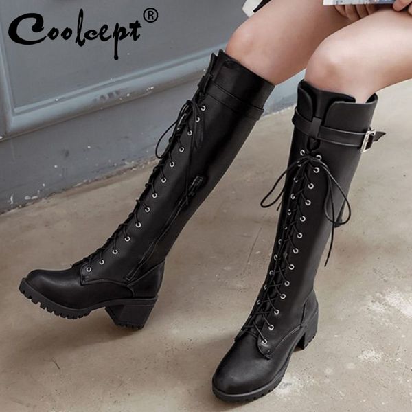 boots coolcept women knee high cross strap fashion buckle knight shoes platform square heels punk footwear size 34-43, Black
boots coolcept women knee high cross strap fashion buckle knight shoes platform square heels punk footwear size 34-43, Black
