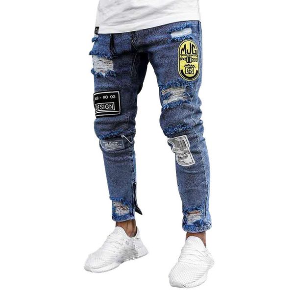 men's jeans men ripped spring summer autumn male personalized badge decoration mid waist elastic slim long trousers streetwear, Blue
men's jeans men ripped spring summer autumn male personalized badge decoration mid waist elastic slim long trousers streetwear, Blue