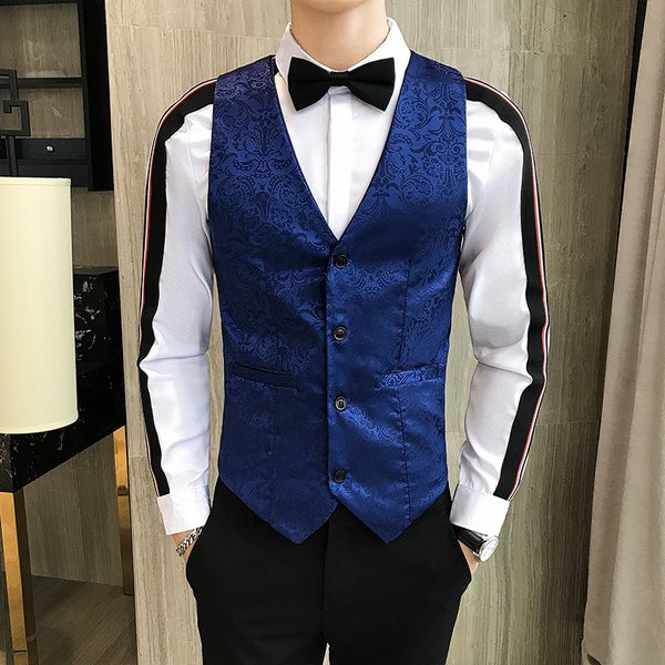 men's vests slim short vest nightclub bar tide jacket fashion jacquard v-neck luxury british stage clothing, Black;white
men's vests slim short vest nightclub bar tide jacket fashion jacquard v-neck luxury british stage clothing, Black;white