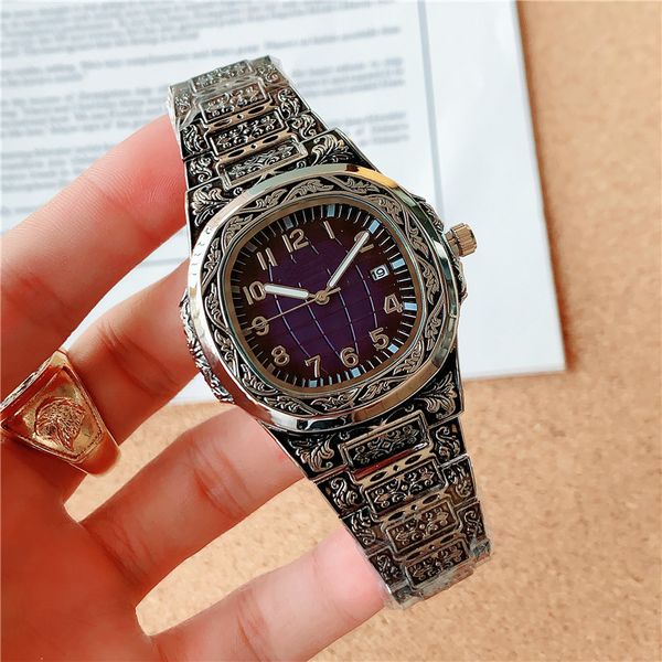 40mm men watch trend retro fashion carved steel band automatic date oval royal stainless steel flash quartz men watches, Slivery;brown
40mm men watch trend retro fashion carved steel band automatic date oval royal stainless steel flash quartz men watches, Slivery;brown