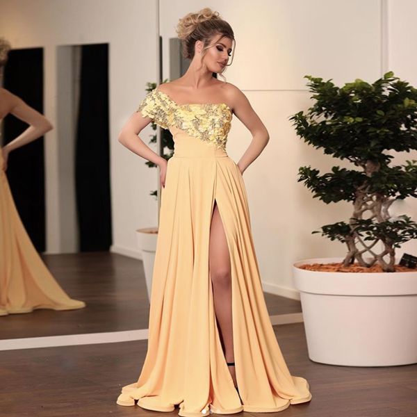 one shoulder appliques chiffon prom dresses high slit light yellow chic evening dresses special occasion gowns plus size, Black
one shoulder appliques chiffon prom dresses high slit light yellow chic evening dresses special occasion gowns plus size, Black