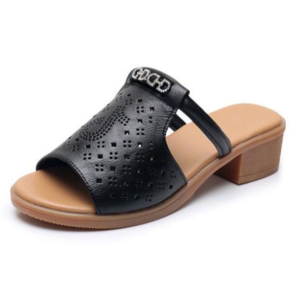 2020 summer hollow genuine leather sandals comfort non-slip low-heel sandals slippers classic women women fashion, Black