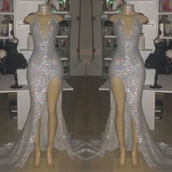 2019 new sparkly silver sequin mermaid prom dresses long halter neck v neck high side split evening party wear formal dress vestidos, Black
2019 new sparkly silver sequin mermaid prom dresses long halter neck v neck high side split evening party wear formal dress vestidos, Black