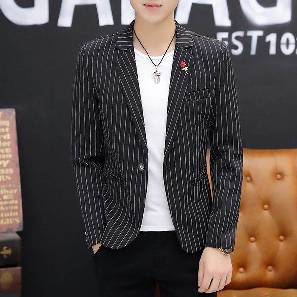 2020 men's casual all-match personalized striped suit youth handsome slim single button blazer, White;black
2020 men's casual all-match personalized striped suit youth handsome slim single button blazer, White;black