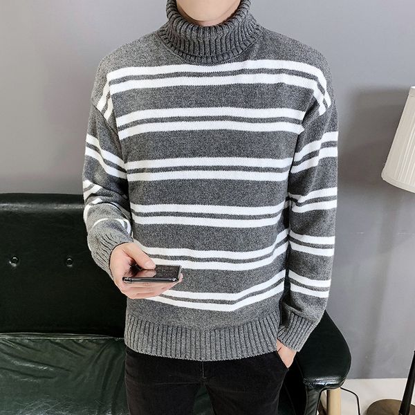 2020 men's new spring casual fashionable stripe turtleneck loose sweater, White;black
2020 men's new spring casual fashionable stripe turtleneck loose sweater, White;black