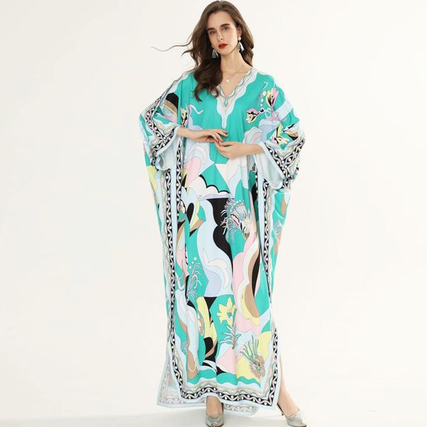 women's v neck knitted batwing sleeves loose printed side split long dresses, Black
women's v neck knitted batwing sleeves loose printed side split long dresses, Black