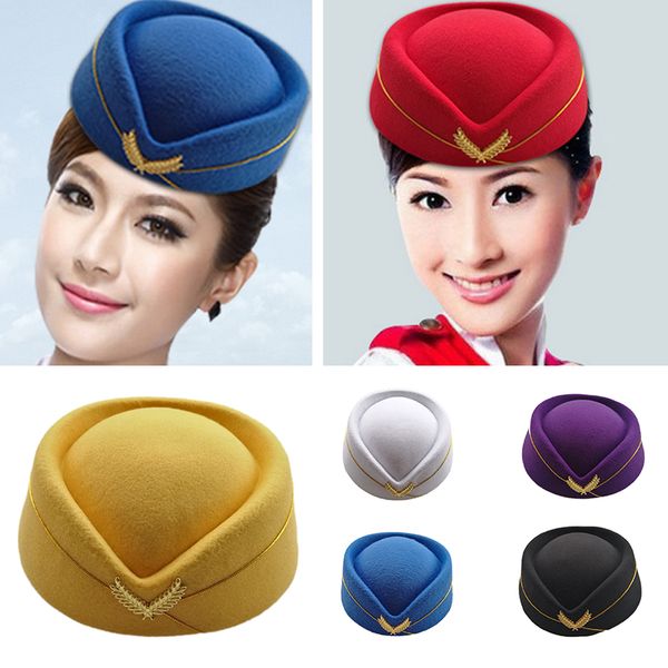 women imitation wool felt cap ladies pillbox hats with gold insignia solid beret stewardess air hostesses hat base sweet fedoras, Blue;gray
women imitation wool felt cap ladies pillbox hats with gold insignia solid beret stewardess air hostesses hat base sweet fedoras, Blue;gray