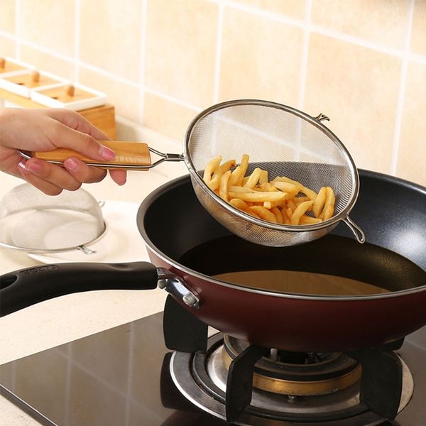 stainless steel double mesh strainer colander sieve sifter wooden handle 5 size