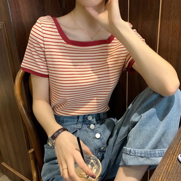square collar short sleeve t-shirt female 2020 summer new style south korea retro stripes slim fit slimming versatile half, White 
square collar short sleeve t-shirt female 2020 summer new style south korea retro stripes slim fit slimming versatile half, White
