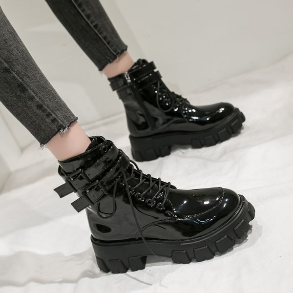 boots matte&japanned leather british buckle belt riding women platform shoes chunky high heels short lace up botas mujer, Black
boots matte&japanned leather british buckle belt riding women platform shoes chunky high heels short lace up botas mujer, Black