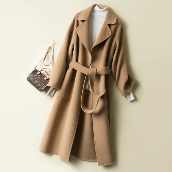 women's wool & blends 100% winter korean double faced pure coat long loose belt knee length british cashmere outside warm, Black
women's wool & blends 100% winter korean double faced pure coat long loose belt knee length british cashmere outside warm, Black