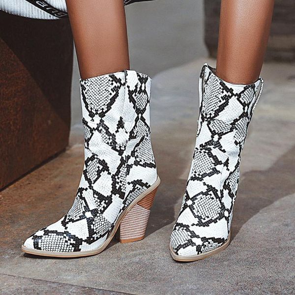 boots shoes woman fashion women womens leather snake print wedges pointed toe cowboy slip-on, Black