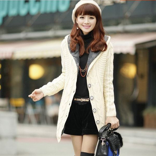 wholesale-autumn winter hooded cardigans women's knitted long casual cute sweaters coat, White;black
wholesale-autumn winter hooded cardigans women's knitted long casual cute sweaters coat, White;black