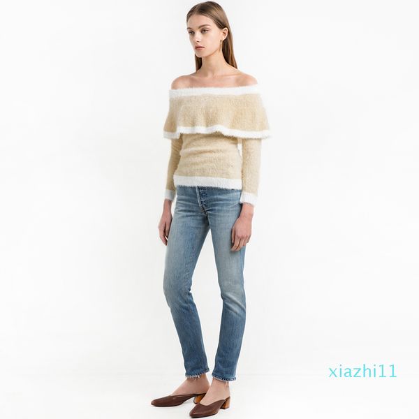 autumn women's fuzzy striped off shoulder sweater sweet beige long sleeve jumper fashion elegant pullover, White;black
autumn women's fuzzy striped off shoulder sweater sweet beige long sleeve jumper fashion elegant pullover, White;black