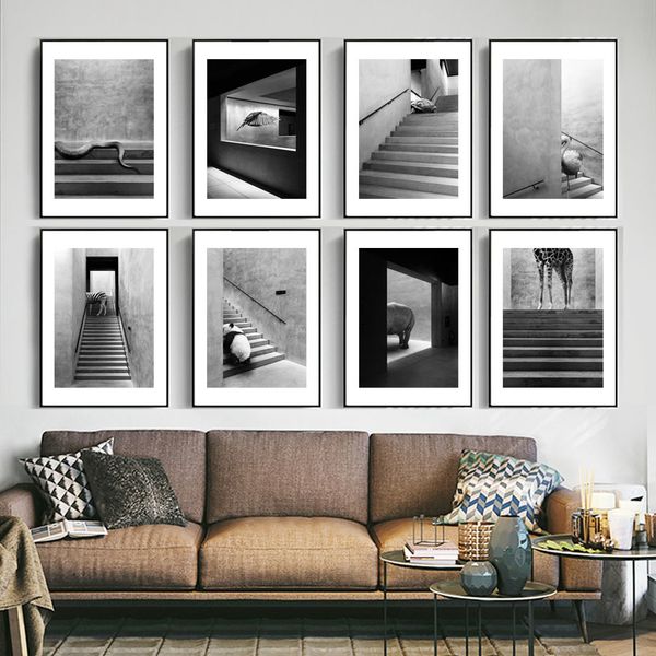 panda giraffe flamingo on stairs wall art canvas painting black white nordic posters and prints wall pictures for living room
panda giraffe flamingo on stairs wall art canvas painting black white nordic posters and prints wall pictures for living room