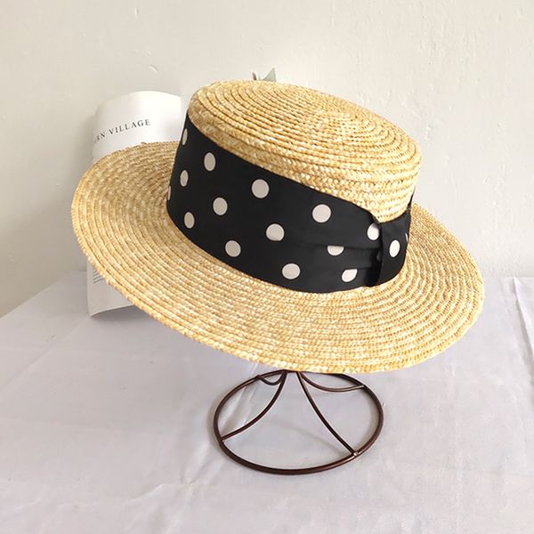women summer hat flat natural straw boater hat ladies dress beach sun white black dot ribbon sun kuntucky, Blue;gray
women summer hat flat natural straw boater hat ladies dress beach sun white black dot ribbon sun kuntucky, Blue;gray