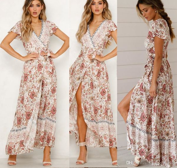 women boho floral long maxi dress v-neck floral split dress summer beach003, Black;gray
women boho floral long maxi dress v-neck floral split dress summer beach003, Black;gray