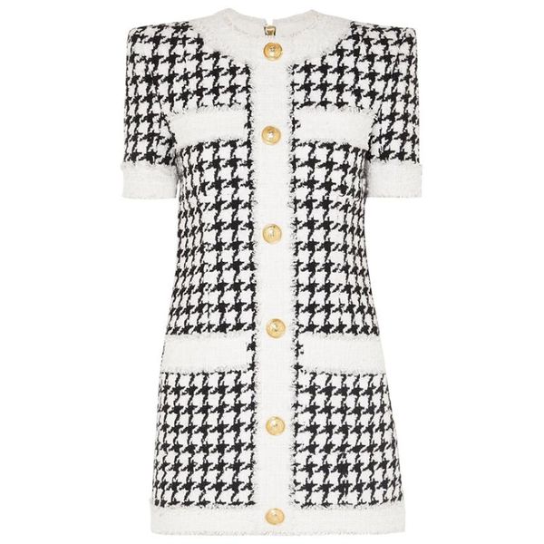 2020 fall winter designer dress women's short sleeve fringed houndstooth tweed dress, Black;gray
2020 fall winter designer dress women's short sleeve fringed houndstooth tweed dress, Black;gray