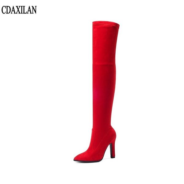 cdaxilan new arrivals over the knee boots women faux suede thigh high boots 9cm high-heel stretch slim ladies winter, Black