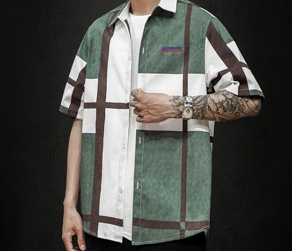 men short sleeve plaid shirt loose casual shirt male clothing mens 2020 luxury designer shirts summer, White;black
men short sleeve plaid shirt loose casual shirt male clothing mens 2020 luxury designer shirts summer, White;black