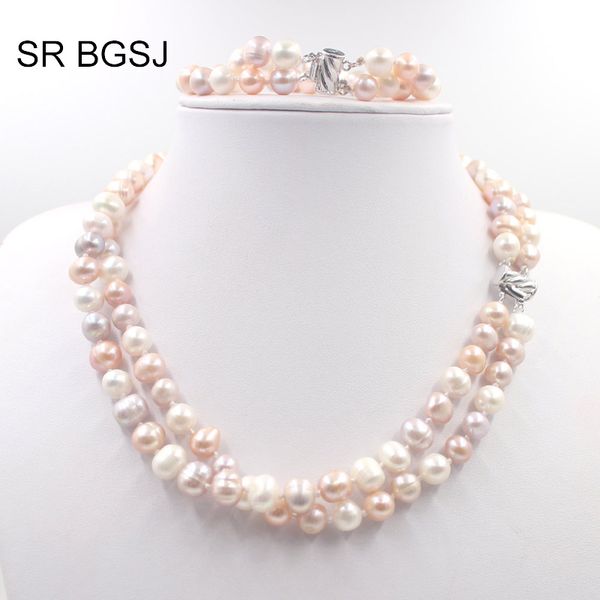 8-9mm 2 rows natural pearl necklace bracelet gf box tab clasp woman jewelry set, Silver
8-9mm 2 rows natural pearl necklace bracelet gf box tab clasp woman jewelry set, Silver