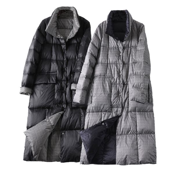 

2020 Women Double Sided Long Down Jacket Winter Turtleneck Plaid White Duck Down Coat Female Warm Parkas Snow Outerwear Woman