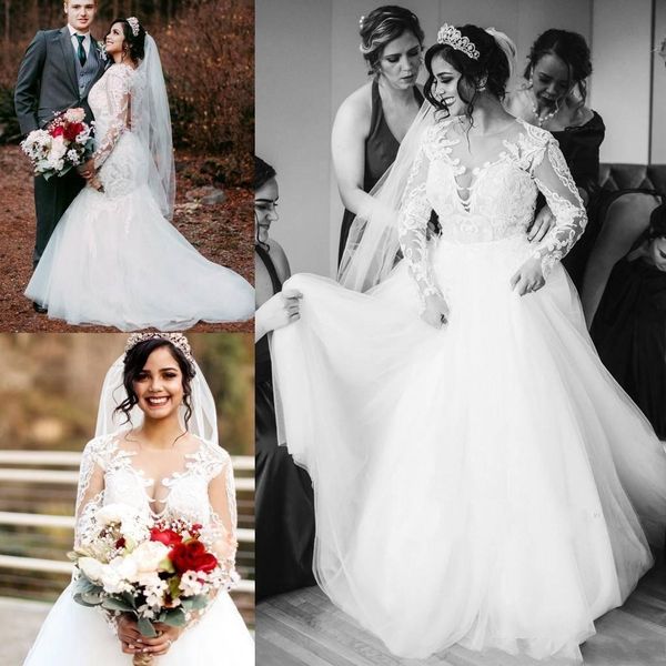 long sleeves mermaid wedding dresses with detachable overskirt tulle lace applique 2020 illusion back wedding bridal gown, White
long sleeves mermaid wedding dresses with detachable overskirt tulle lace applique 2020 illusion back wedding bridal gown, White