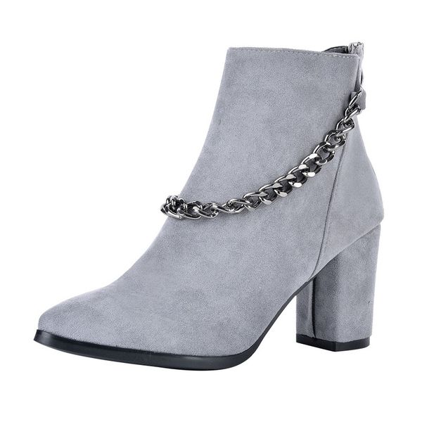 women shoes ankle pumps flock pointed toe boots solid chain autumn spring 2020 high-heeled shoes botas mujer dropship wholesale, Black 
women shoes ankle pumps flock pointed toe boots solid chain autumn spring 2020 high-heeled shoes botas mujer dropship wholesale, Black