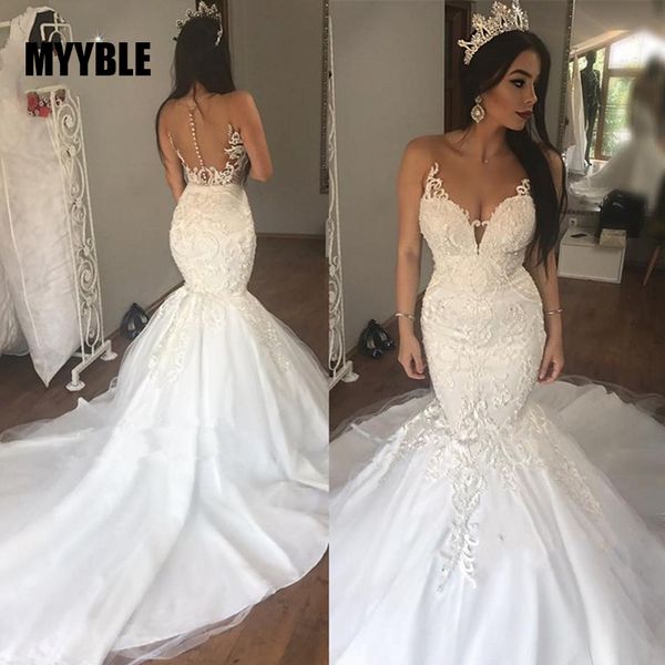 myyble arabian bridal dresses appliques long train mermaid robe de mairee custom sheer neckline wedding gown beige wedding gowns, Blue;red
myyble arabian bridal dresses appliques long train mermaid robe de mairee custom sheer neckline wedding gown beige wedding gowns, Blue;red