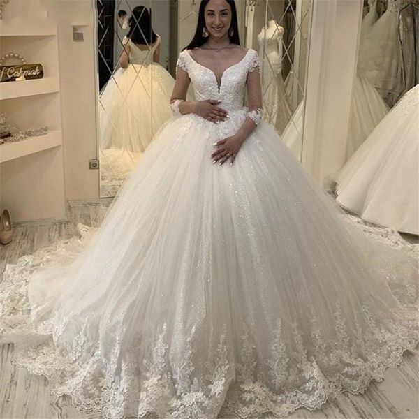 off shoulder 3/4 long sleeves ball gown lace wedding dresses with appliques court train lace up back tulle wedding bridal gowns, White
off shoulder 3/4 long sleeves ball gown lace wedding dresses with appliques court train lace up back tulle wedding bridal gowns, White