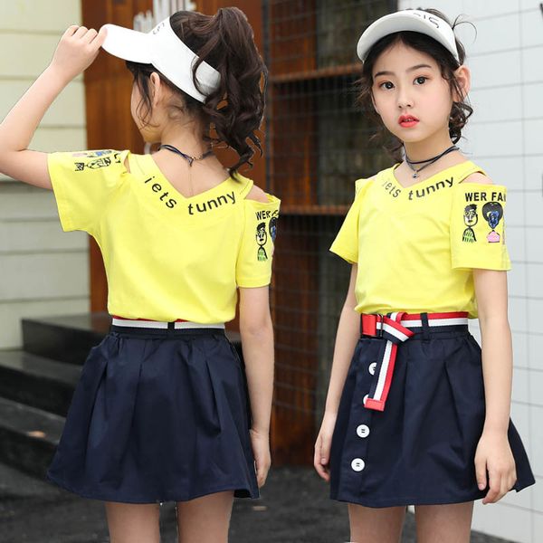 summer new t-shirt clothing set short skirt girls summer clothing two piece skirt set, White