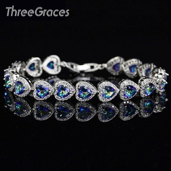 threegraces luxury cubic zircon jewelry light blue mystic fire heart crystal tennis bracelets bangle for women party gift br100, Black 
threegraces luxury cubic zircon jewelry light blue mystic fire heart crystal tennis bracelets bangle for women party gift br100, Black