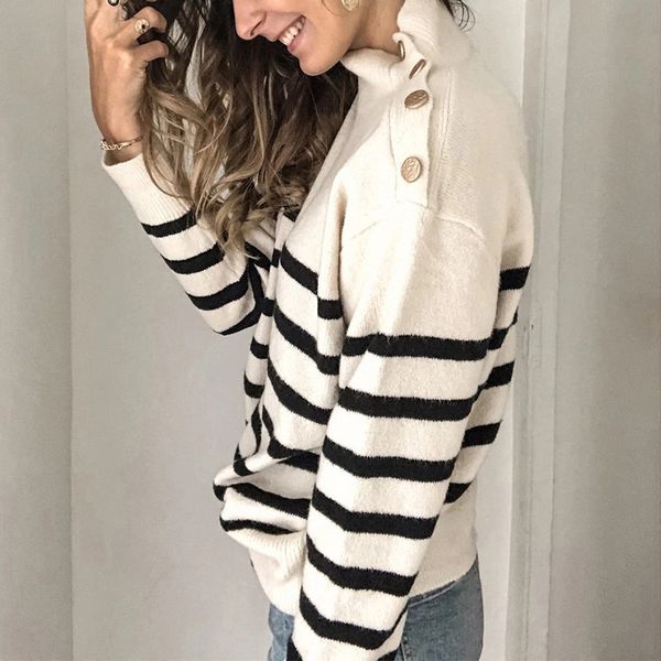 boho inspired striped sweaters for women high neck long sleeve casual autumn winter pullovers sweaters buttons shoulder, White;black
boho inspired striped sweaters for women high neck long sleeve casual autumn winter pullovers sweaters buttons shoulder, White;black