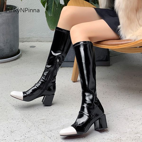 boots 2021 winter elegant black women knee high genuine patent leather pleated long chunky heels celebrity runway shoes
boots 2021 winter elegant black women knee high genuine patent leather pleated long chunky heels celebrity runway shoes