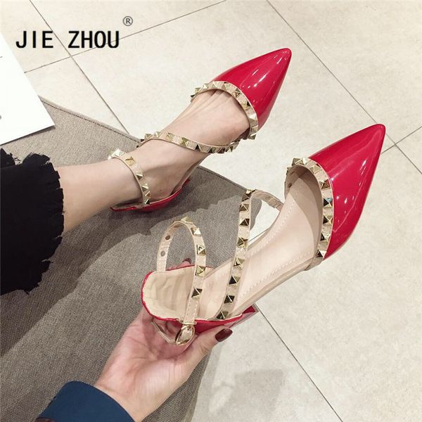 women sandals fashion rivet low heels sandals for summer shoes woman patent leather pointed toe, Black
women sandals fashion rivet low heels sandals for summer shoes woman patent leather pointed toe, Black