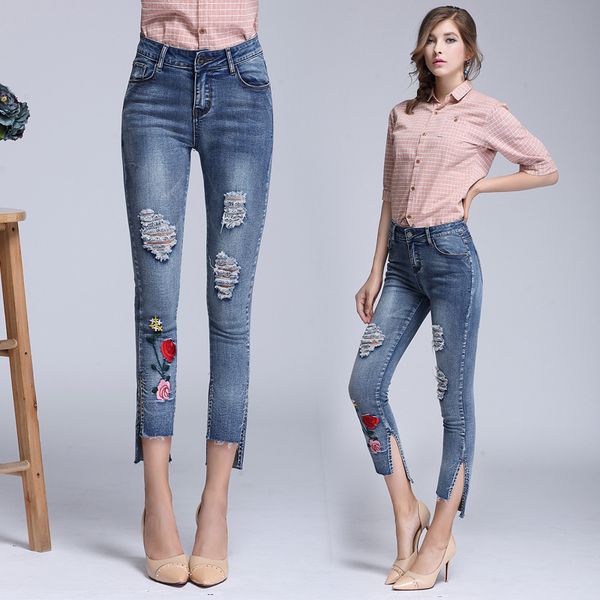 high-end european and american women's jeans in the high waist exquisite embroidery hole feet pants split nine pants women, Blue 
high-end european and american women's jeans in the high waist exquisite embroidery hole feet pants split nine pants women, Blue