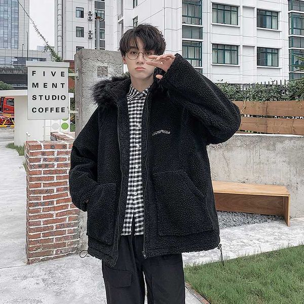 men's down & parkas winter lambskin coat warm fashion solid color casual fur collar hooded jacket street wild loose cotton male clothes, Black
men's down & parkas winter lambskin coat warm fashion solid color casual fur collar hooded jacket street wild loose cotton male clothes, Black