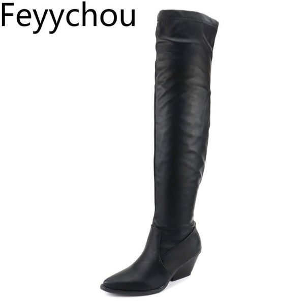women's boots med heel autumn winter warm knee high pointed toe slip on pu 2020 new fashion black white big size 34-48