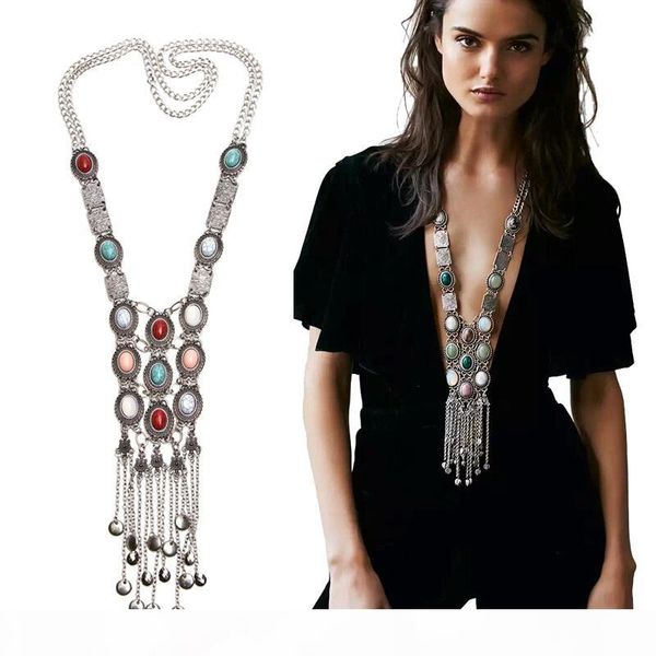 wholesale vintage bohemian tassel long necklace multicolor stone boho necklaces for women costume jewelry, Silver
wholesale vintage bohemian tassel long necklace multicolor stone boho necklaces for women costume jewelry, Silver