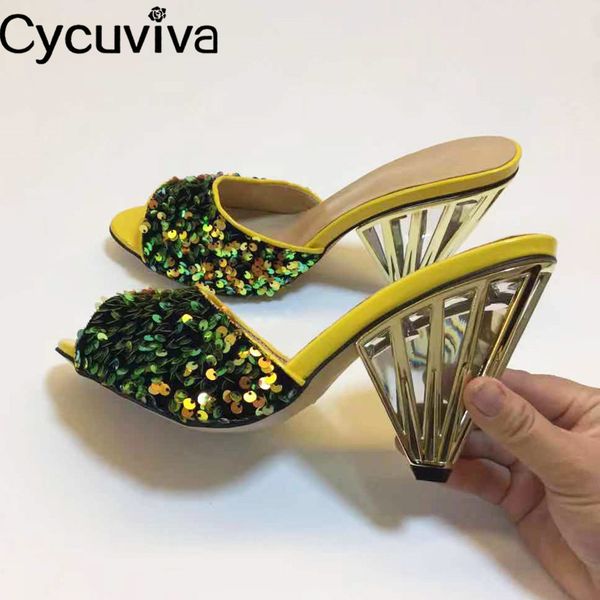 slippers sequins glitter high heels women batos hollow metal triangle chunky heels summer shoes woman sandals mujer, Black 
slippers sequins glitter high heels women batos hollow metal triangle chunky heels summer shoes woman sandals mujer, Black