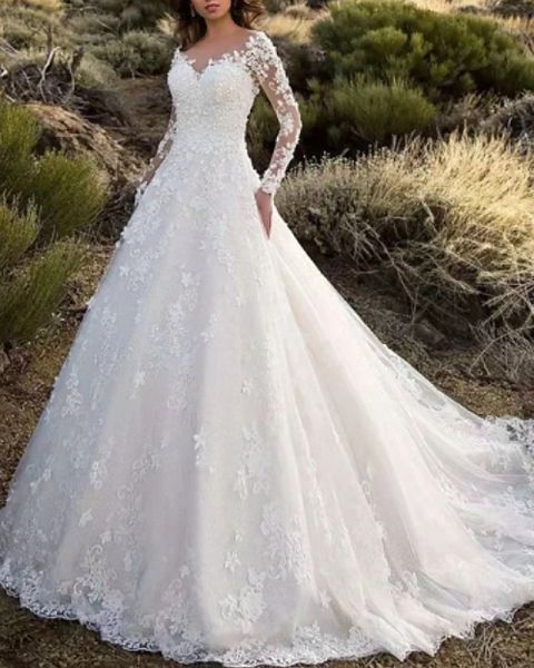 a-line wedding dresses v neck sweep / brush train lace long sleeve formal sparkle & shine illusion sleeve with appliques, White
a-line wedding dresses v neck sweep / brush train lace long sleeve formal sparkle & shine illusion sleeve with appliques, White