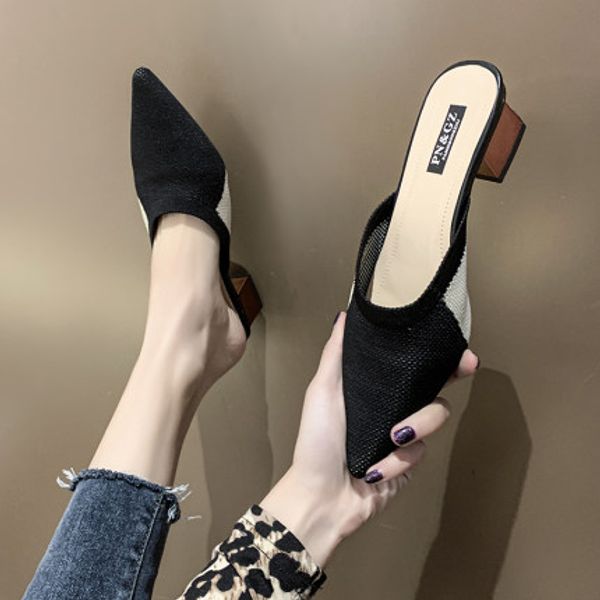 spring 2020 new mid-heeled thick-heeled korean baotou knitted outer wear female slippers pointed half drag, Black
spring 2020 new mid-heeled thick-heeled korean baotou knitted outer wear female slippers pointed half drag, Black